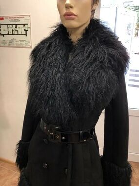 ELISABETTA FRANCHI Penny Lane Black Faux Shearling Trim Double Breasted Coat 2
